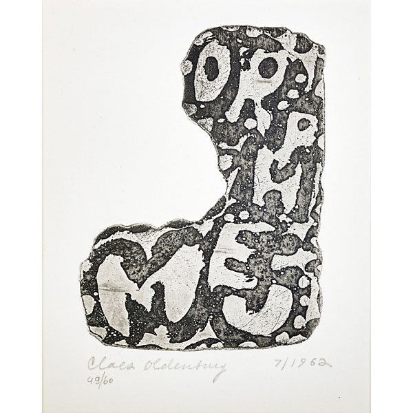 Claes Oldenburg (Swedish/American, b. 1929): Orpheum Sign, 1962; Aquatint in one color on Rives BFK paper; Signed, dated and numbered 49/60; 5 3/4" x 4 1/4" (plate); 9 7/8" x 7 5/8" (sheet); Literature: Axsom/Platzker 14.1; Provenance: Private C