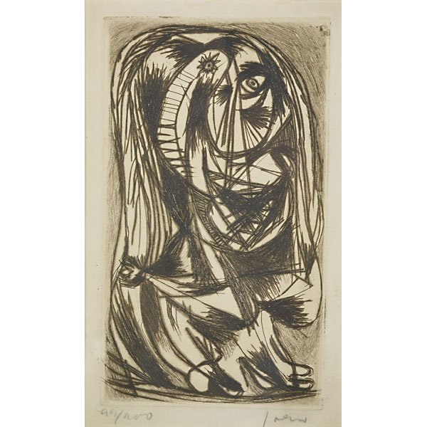 Asger Jorn (Danish, 1914-1973): Figure, ca. 1950; Etching in colors (framed); Signed and numbered 95/100; 6 1/2" x 3 3/4" (plate); 7 1/4" x 4 3/8" (sight); Provenance: Galerie Rive Gauche, Paris (label on verso); Private Collection,
