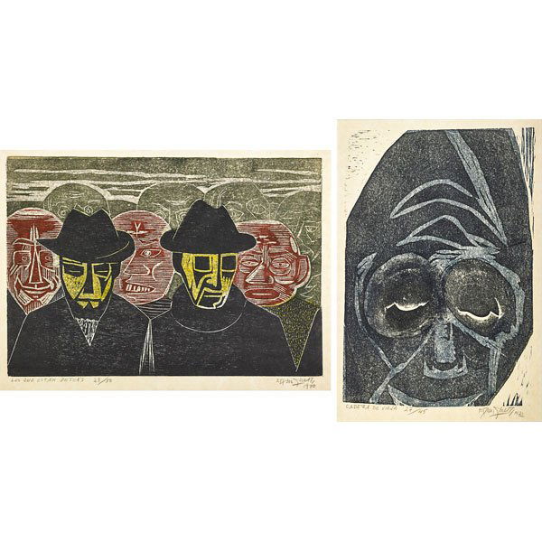 Francisco Amighetti (Costa Rican, 1907-1998): Two works of art; Los Que Estan Detras, 1970; Woodcut in colors on rice paper; Signed, dated, titled and numbered 23/50; 15 3/8" x 22 1/4" (plate); 19 1/4" x 26 1/4" (sheet); Cabeza de Vieja, 1972; Wo
