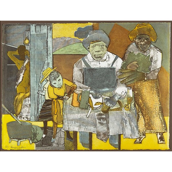 Romare Bearden (American, 1911-1988): The Family, from An American Portrait, 1776–1976, 1975; Photo-etching and aquatint in colors on paper (framed); Signed and numbered IV/L, from an edition of 50; 19 5/8" x 26" (sheet); Printer: The P