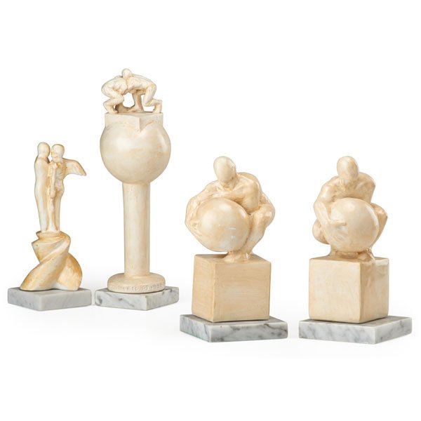 Tom Otterness (American, b. 1952): Four works of art: Death Angel II, 1979; Cast Hydrocal; Edition 34/250; 8 1/4" high (with base); Untitled, 1979; Cast Hydrocal; Signed and dated; 12" high (with base); Bookends, 1979; Two cast Hydroca