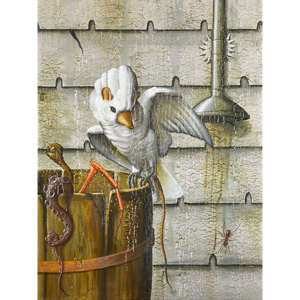 Alexis Rockman (American, b. 1962): Rain Barrel, 1991; Oil on wood; Signed, dated and titled; 24" x 18" x 1 1/2"; Provenance: Jay Gorney Modern Art, New York (label on verso); Private Collection