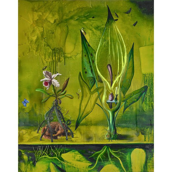 Alexis Rockman (American, b. 1962): Paradise Lost: The Trap, 1989; Oil on canvas; Signed, dated and titled; 48" x 40"; Provenance: Jay Gorney Modern Art, New York (label on verso); Private Collection