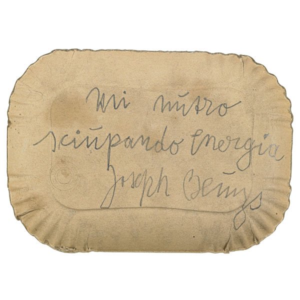 Joseph Beuys (German, 1921-1986): Mi Nutro Sciupando Energia, 1982; Pencil on paper plate; Signed, titled and numbered V/VII; 8" x 5 3/4"; Publisher: Edizioni Lucio Amelio, Naples; Literature: Schellmann 408; Provenance: Private Colle