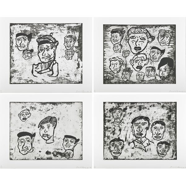 Donald Baechler (American, b. 1956): The Counterfeiters, 1991; Portfolio of four etchings and aquatints on Somerset paper; Each signed, dated and numbered 14/24; 30 1/2" x 38" each (sheet); Publisher: Baron/Boisant, New York; Provenance: