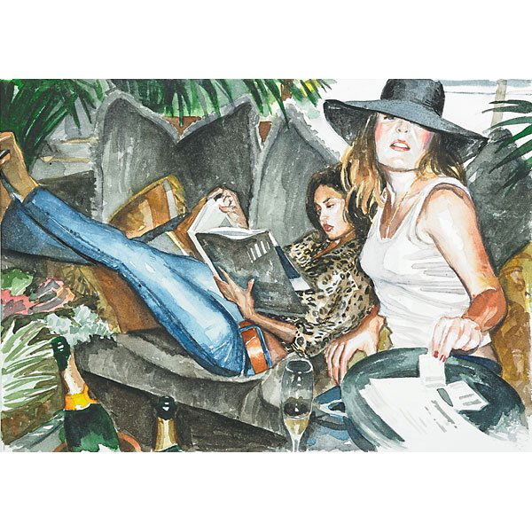 Delia Brown (American, b. 1969): GTFO: Guerilla Lounging no. 2, 2002; Watercolor on paper (framed); 67/8" x 9 7/8" (sight); Provenance: D'Amelio Terras, New York (label on verso); Private Collection