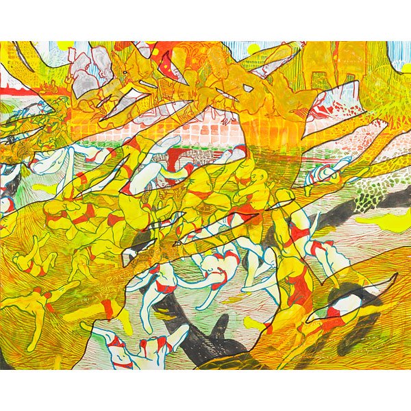 Dasha Shishkin (American/Russian, b. 1977): Kick that Fucker Out the Door, 2007; Graphite, watercolor and acrylic on panel; 16" x 20" x 2 1/8"; Provenance: Kantor/Feuer Gallery, Los Angeles (label on verso); Private Collection