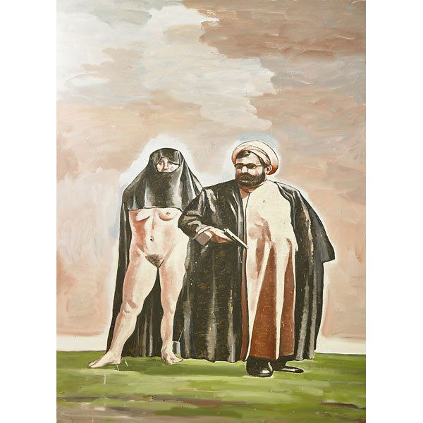 Nicky Nodjoumi (Iranian, b. 1942): The Seduction of Mullah Mohammed, 2003; Oil on canvas; Signed, dated and titled; 68" x 50"; Provenance: Private Collection, New York