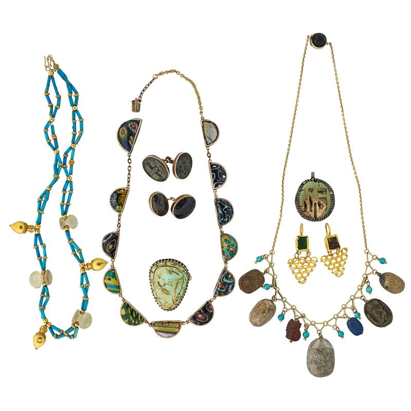 COLLECTION OF ANCIENT JEWELRY OR FRAGMENTS: Nine pieces: Victorian 14k gold double cufflinks set with antique Roman stone seals; 22k earring set with ancient glass tablets; Egyptian tubular faience bead necklace with 18k gold wine jar pendants