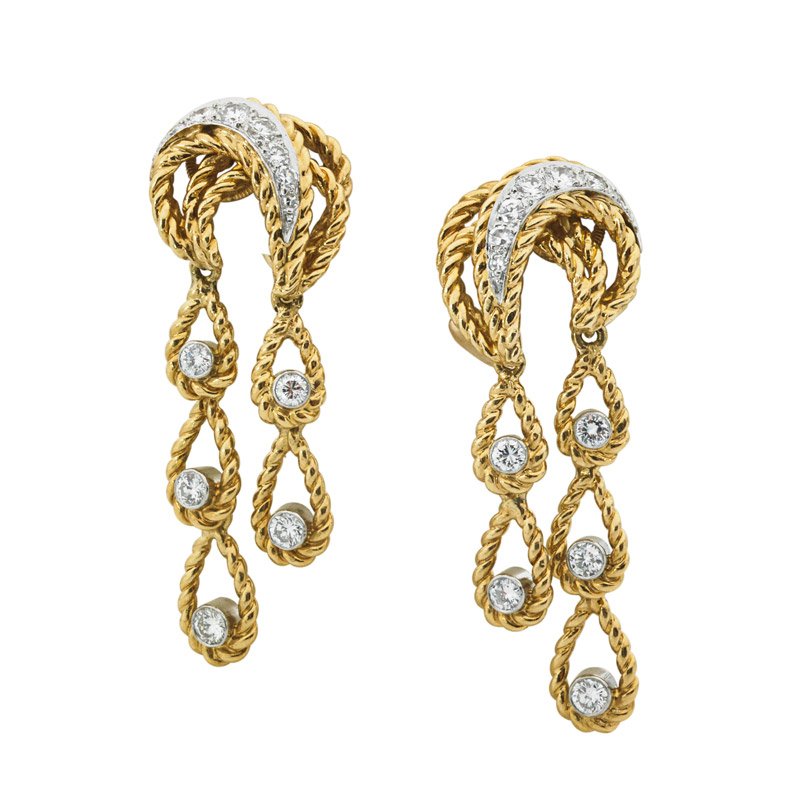 18K ROPED GOLD, PLATINUM, DIAMOND RING & EAR CLIPS (1 of 7)