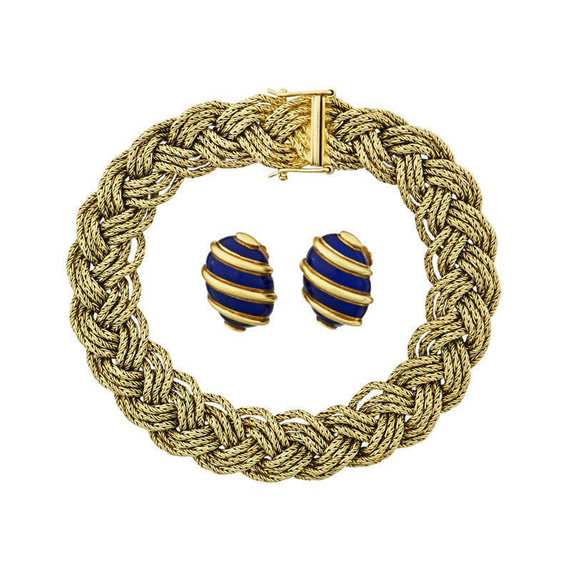 TIFFANY & CO. YELLOW GOLD BRACELET, ENAMELED EARRINGS (1 of 1)