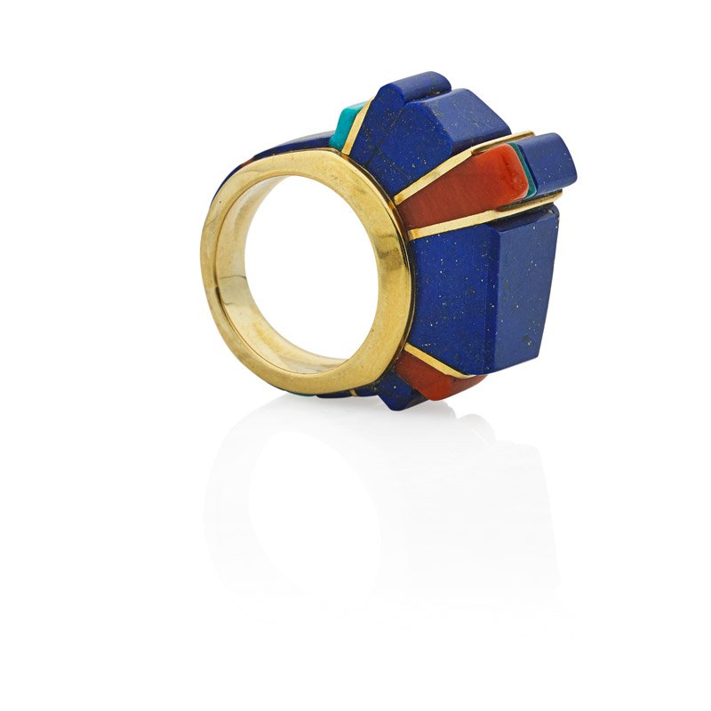 CHARLES LOLOMA, HOPI, HARDSTONE MOSAIC GOLD RING (1 of 4)