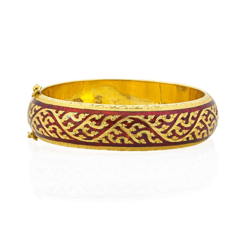 ENAMELED 865 GOLD HINGED BANGLE BRACELET, THAILAND (1 of 1)