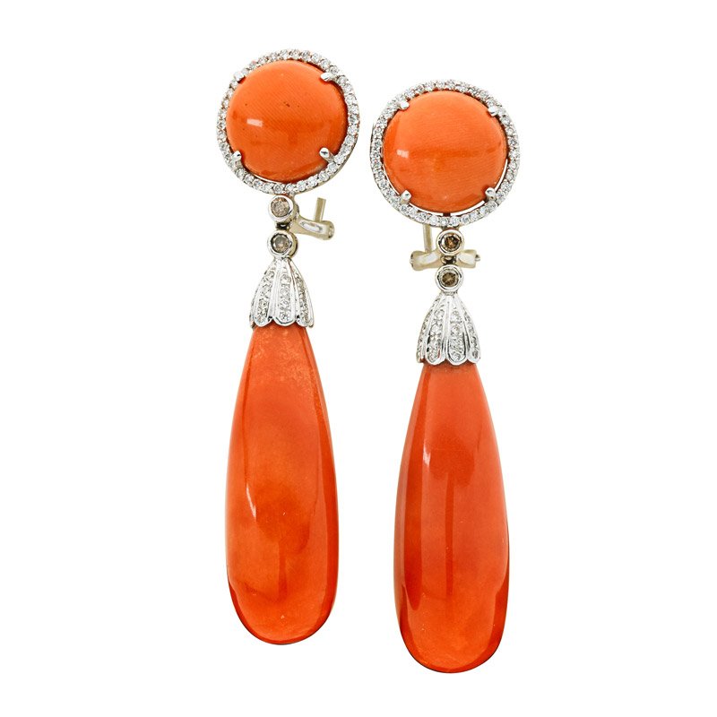 CORAL & BICOLOR DIAMOND 18K WHITE GOLD PENDANT EARRINGS (1 of 1)