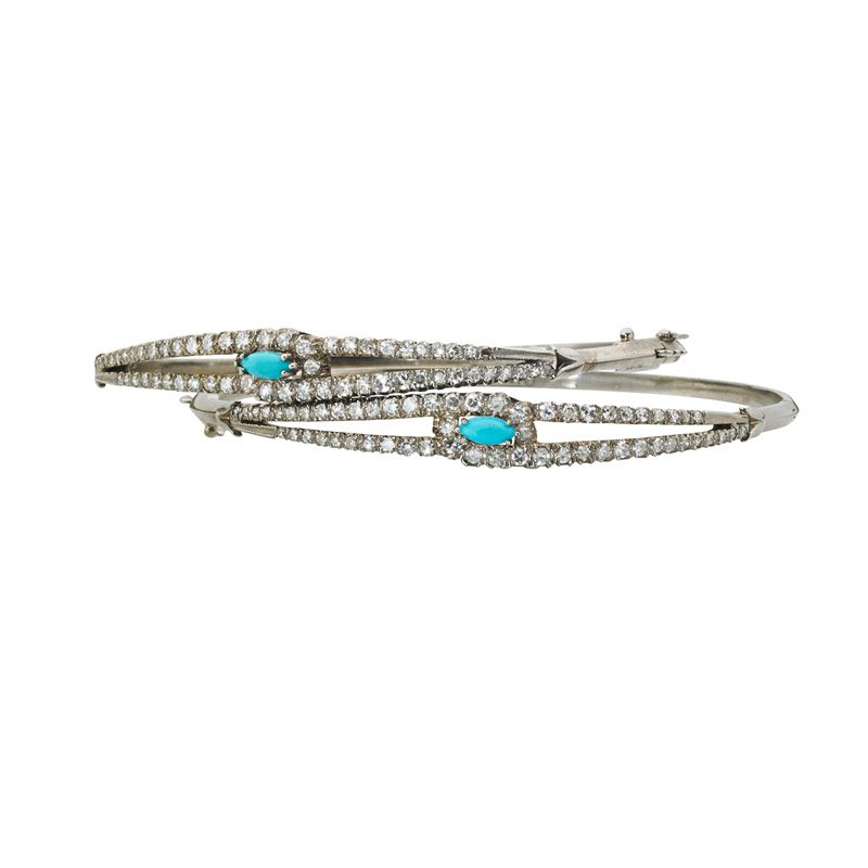 TWO PAIRS DIAMOND WHITE GOLD BRACELETS: Hinged 18k bangles centered by navette shaped turquoise in single cut diamond thread bypass, ca. 1950; Two baguette cut diamond 18k wg. chain bracelets, diamonds approx. 1.40 cts. TW, 6 1/4". 15.8 dwt