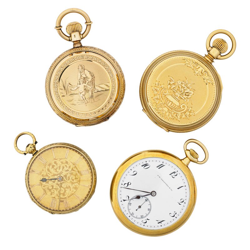 FOUR GOLD CASED MECHANICAL POCKET WATCHES (1 of 2)