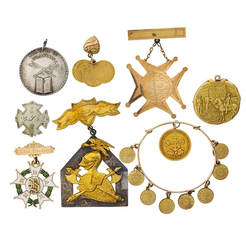 COLLECTION OF MEDALS, TOKENS AND BADGES, INCL. GOLD (1 of 1)