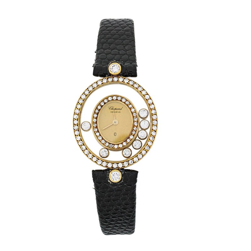 LADIES CHOPARD "HAPPY DIAMOND" 18K GOLD WATCH: Quartz, electric push button setting, diamonds approx. 1.03 cts. TW. 25 - 23 mm. 11 dwt. GW. Leather strap. In original box.