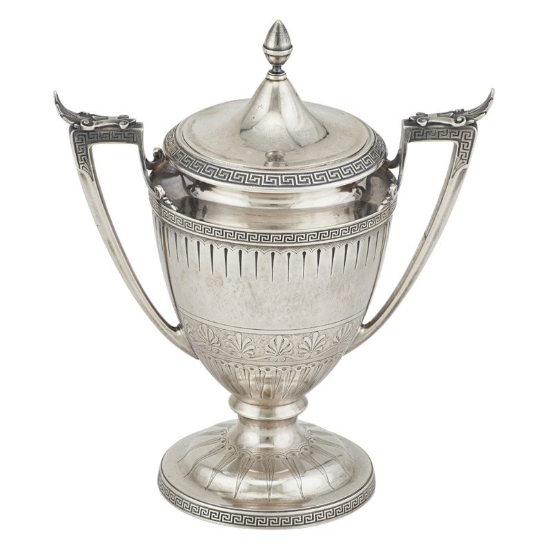 GORHAM COVERED STERLING SILVER SUGAR BOWL: With Greek key border decoration and egg shaped finial, U.S.A., 1869; 9" x 8"; 20.09 OT