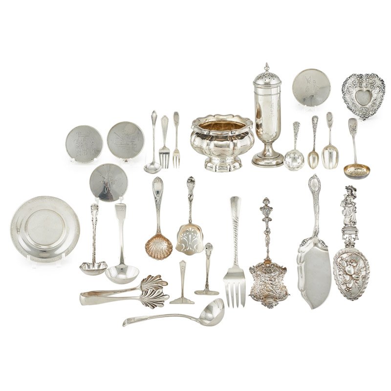 AMERICAN AND CONTINENTAL STERLING SILVER: Twenty-seven pieces: Including Kirk and Son tongs, four A. Michelsen coasters with engraved decoration, Gorham Colonial meat server, Gorham Old Colony cake server, three Russian silver flatware pieces