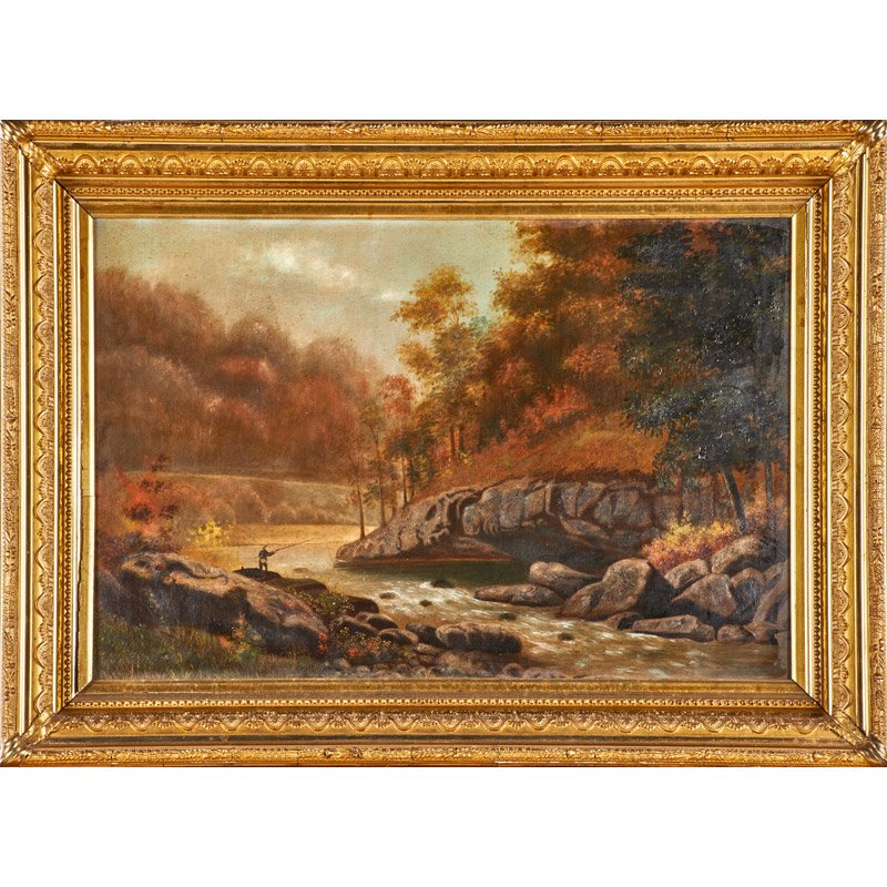 HUDSON RIVER SCHOOL (19th c.): Untitled (landscape); Oil on canvas (framed); Unmarked; 16" x 24"