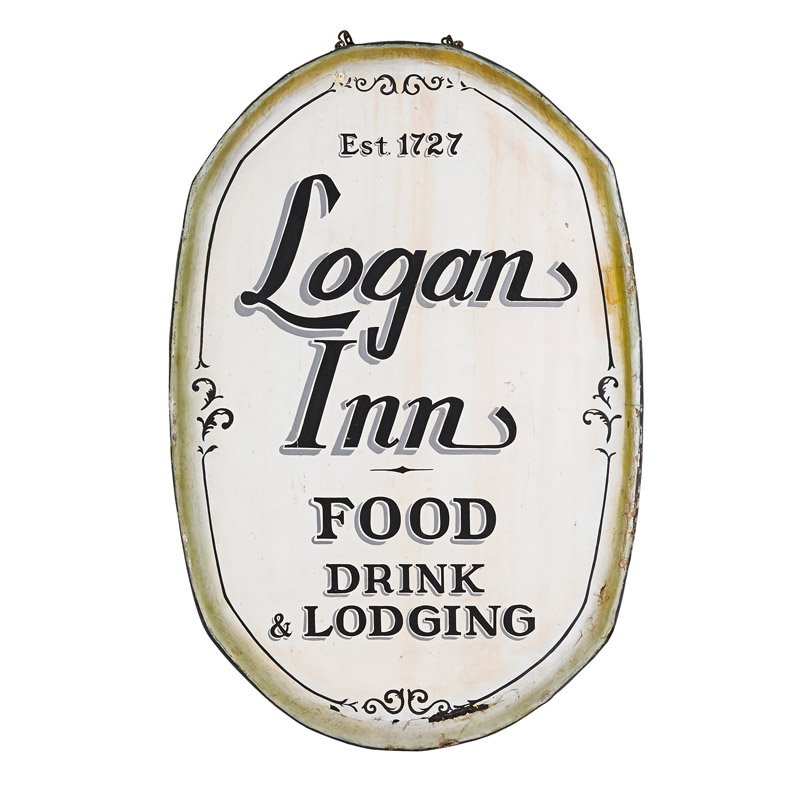 PAINTED NEW HOPE PENNSYLVANIA LOGAN INN SIGN: Wood panel sign with top mounted fixtures, U.S.A., 20th c.; 72" x 47"