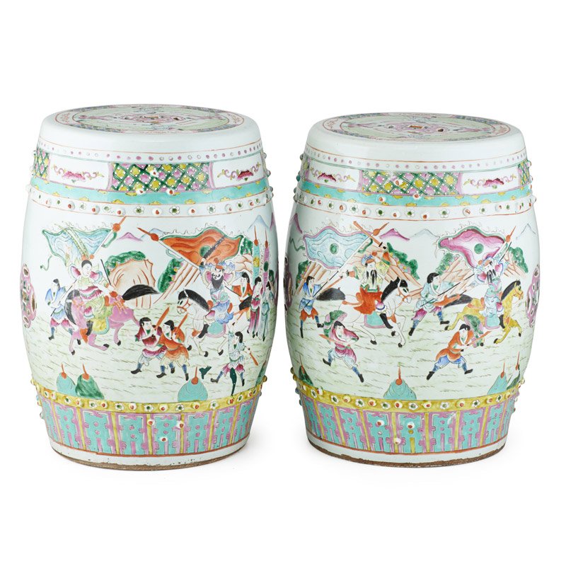 PAIR CHINESE FAMILLE ROSE PORCELAIN GARDEN SEATS: Processional scene of dignitaries, China, ca. 1830; 18 3/4" x 12 1/2"; Provenance: Fred B. Nadler Antiques, Inc., Bay Head, New Jersey, September 1987
