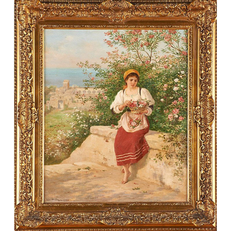 LUIGI OLIVETTI (Italian, 1856â€“1941): Flower Girl, Naples, 1922; Oil on canvas (framed); Signed, titled and dated; 22 1/2" x 18 1/4"