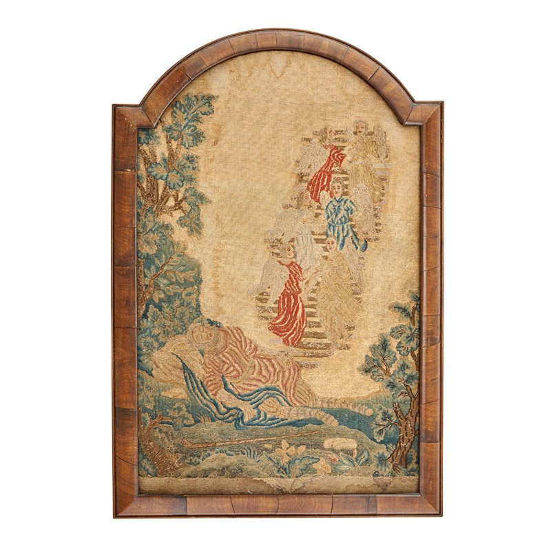ENGLISH FRAMED NEEDLEWORK: Biblical scene illustrating story of Jacob's ladder, England, 19th c.; 34" x 23"