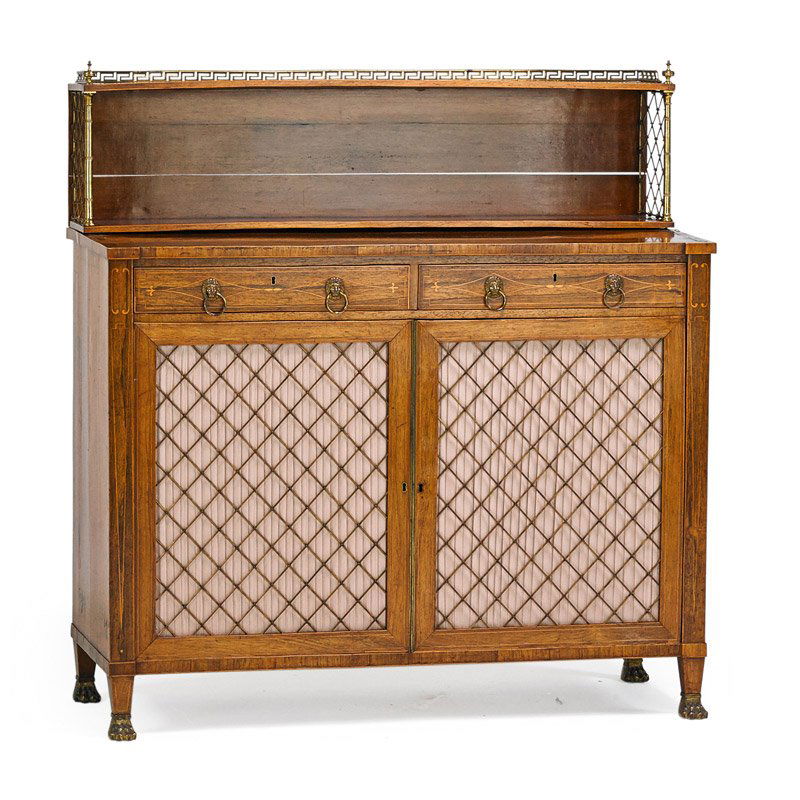 REGENCY BRASS INLAID ROSEWOOD CHIFFONIER: In the manner of John McLean, with shelved superstructure and grillwork doors, on hairy paw feet, ca. 1810; 44" x 42" x 17 1/2"