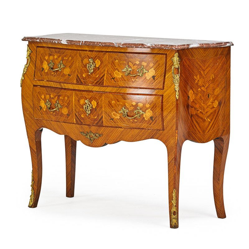 LOUIS XV STYLE MARQUETRY COMMODE: Gilt metal mounted red marble top of serpentine outline and inlaid with floral sprays, French, 20th c.; 32 1/2" x 39" x 17 1/2"