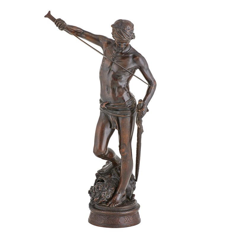 ANTONIN MERCIER (French, 1845-1916): David Vainqueur de Goliath, 19th c.; Bronze figural sculpture; Signed with Barbedienne foundry mark; 17 3/4"; Provenance: Private Collection, Maryland