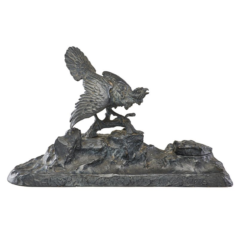 BRONZE INKWELL IN THE STYLE OF FRANZ BERGMAN: Depicting a bird upon a branch, possibly Austrian, ca. 1900; 11 3/4"