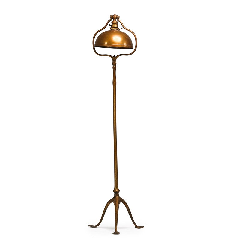 TIFFANY STUDIOS BRONZE FLOOR LAMP: Tripod 423 floor lamp, single socket, with associated bronze shade, U.S.A., ca. 1920s; Stamped; 55 1/4"