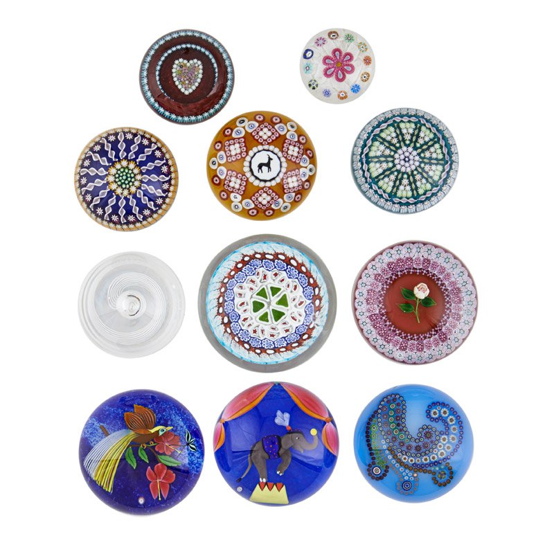 PAPERWEIGHT GROUP: Eleven pieces: Including Baccarat, La Murrina, Perthshire and Steuben, 20th c.; All marked; Largest: 3" x 4"