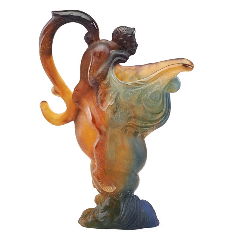 DAUM PATE DE VERRE MYTHOLOGIE EWER: With original box, France, late 20th c.; Signed; 13" x 4" x 9"