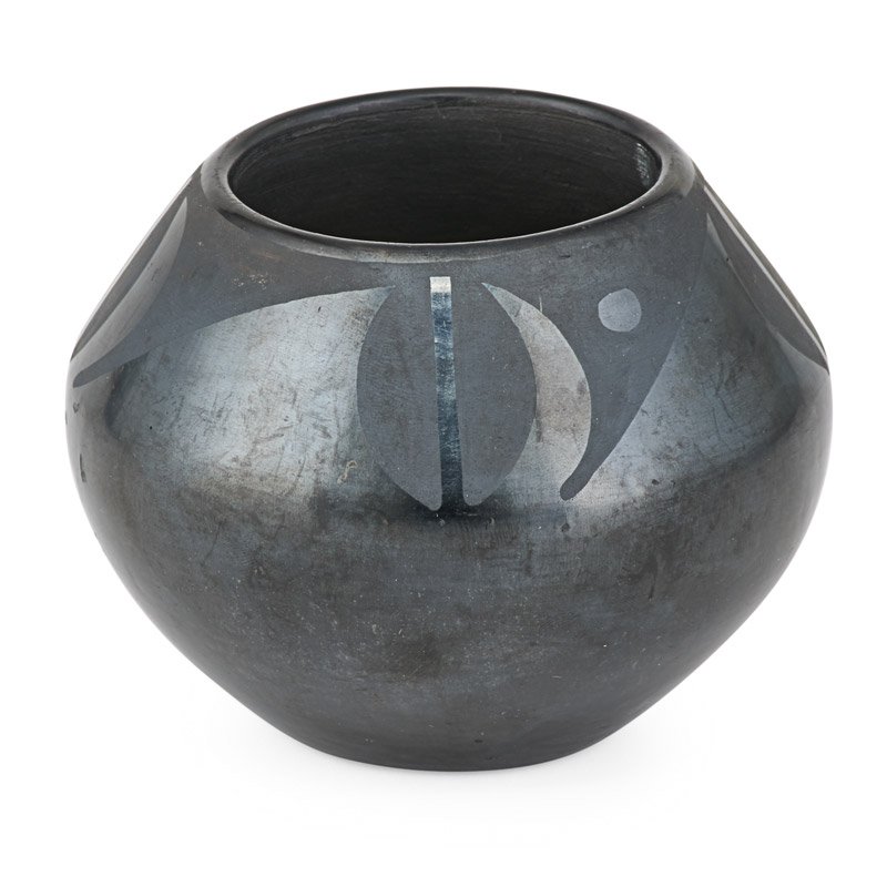 MARIA MARTINEZ (American, 1887-1980) BLACKWARE: Black on black pottery vase, signed on underside: Marie & Julian, San Ildefonso Pueblo, New Mexico, 20th c.; Signed; 3 3/4" x 5"; Provenance: Accompanied by a letter of authentication from Alice Marri