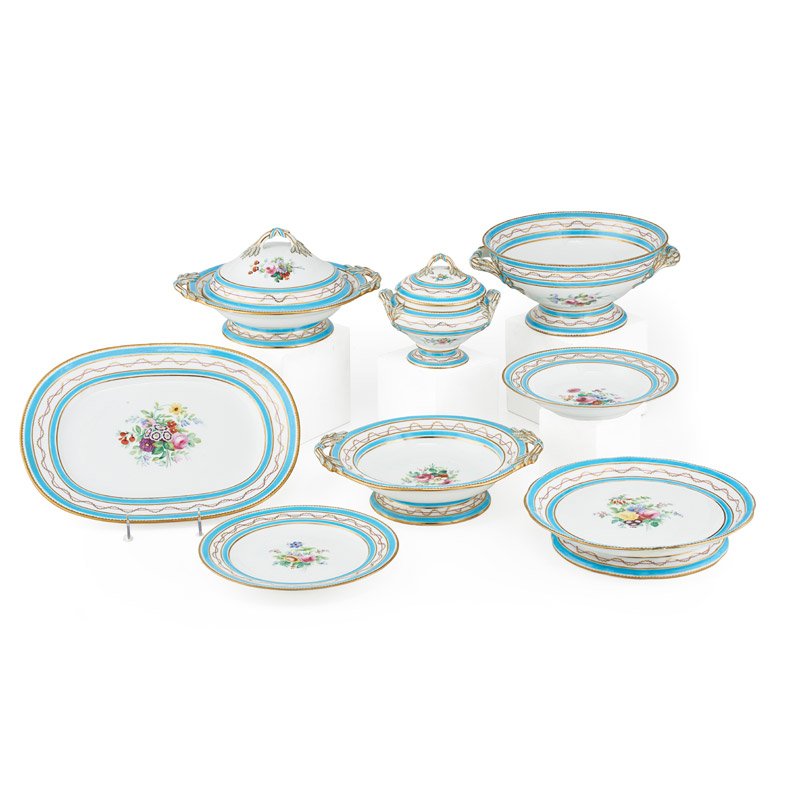 ENGLISH PORCELAIN DINNER SERVICE: Thirty-four pieces: One large serving bowl, one platter, three lidded bowls, one covered sauce bowl, one serving bowl, two pedestal serving platters, nine soup bowls, sixteen dinner plates, England, 2