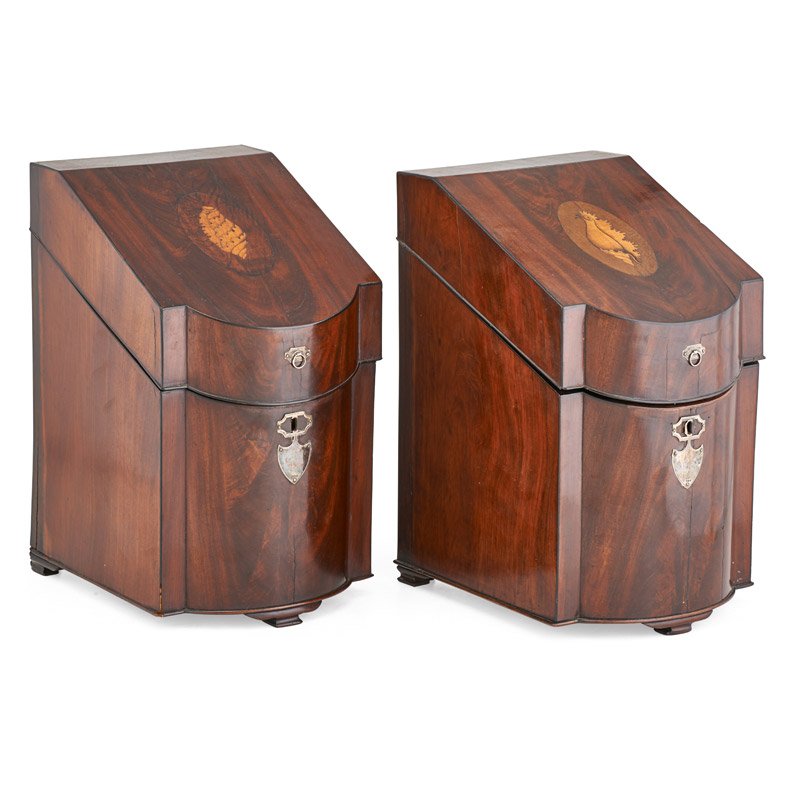 PAIR OF ENGLISH MAHOGANY KNIFE BOXES: Pair with inlaid shell medallions on lid and sterling silver escutcheons, velvet lined interior, England, 19th c.; 15 1/2" x 9" x 11"