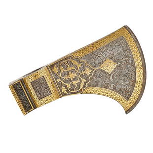 PERSIAN TABAR ZIN AXE HEAD: Persian Tabarzin Loft’Ali Mohammed RezaGilt with chiseled hunting scenes, Qur'anic inscriptions read: "The Victory comes from God"(Qur'an 8:20) and "My Success is not but through God"(Qur'an 11:88)