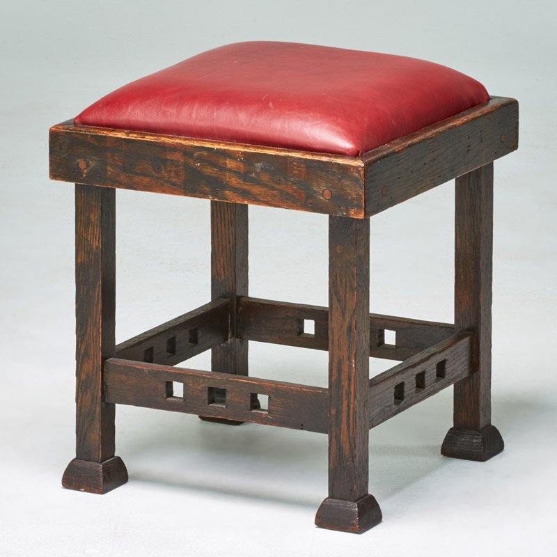 ARTS & CRAFTS: Footstool, ca. 1918; Quartersawn oak, vinyl; Unmarked; 18" x 16" x 16"