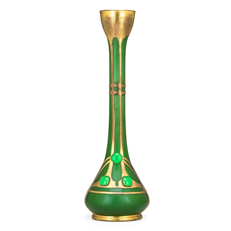 STYLE OF KOLOMAN MOSER Vase: Glass vase with cabochons and metal overlay, Austrian, early 20th C.; Unmarked; 12 1/4" x 3 1/2"