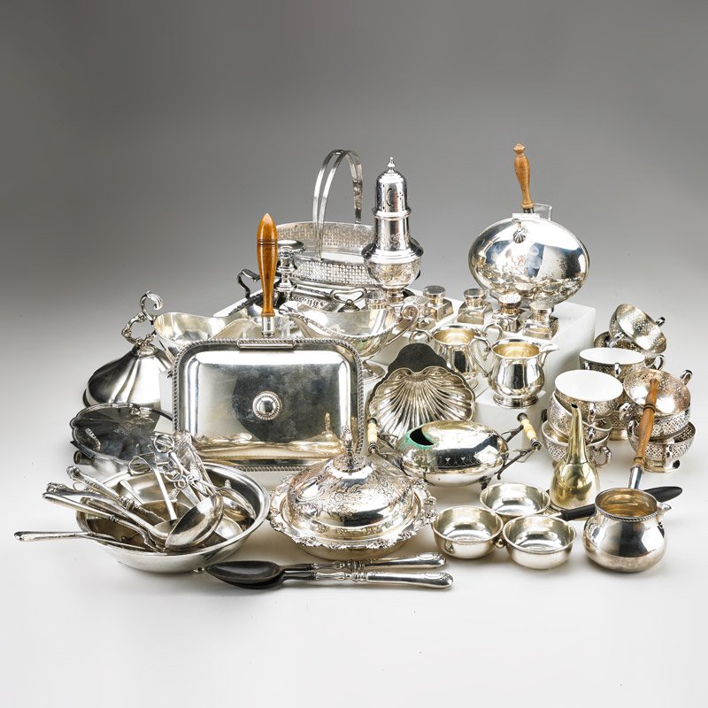 AMERICAN AND EUROPEAN SILVER PLATE GROUPING: Fifty pieces including: wine funnel, twelve consomme cups, etc, America, 19th/20th c.; Most marked; Tallest: 9".