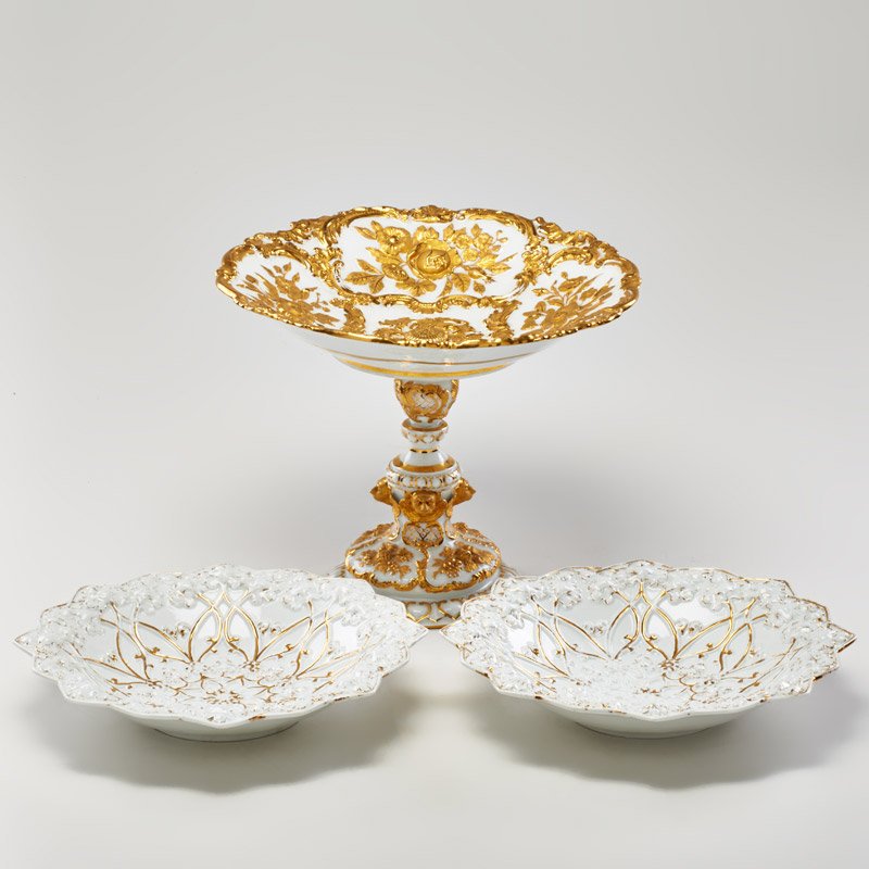 MEISSEN: Compote and pair of raised plates with decoration and gilt high points, Germany; All marked; Compote: 10" x 12" dia.