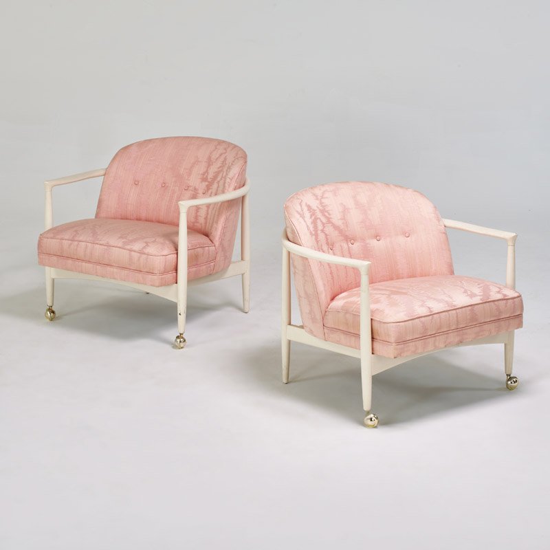 IB KOFOD-LARSEN; SELIG: Pair of lounge chairs, Denmark, 1960s; Enameled wood, upholstery; Unmarked; 27" x 30" x 27"