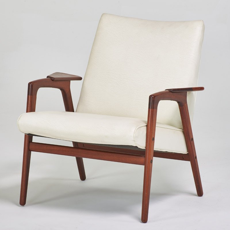 YNGVE EKSTROM: Rustler" chair, Denmark, 1960s; Teak, vinyl upholstery, brass; Unmarked; 29" x 28" x 31