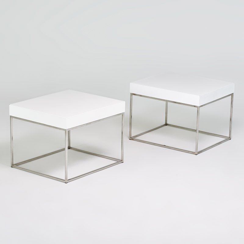CONTEMPORARY: Pair of sofa tables; Chromed steel, enameled wood; Unmarked; 2 1/2" x 24" x 28"
