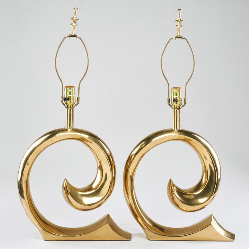 PIERRE CARDIN: Pair of brass table lamps, France/USA, 1970s; US Patent sticker; 28 1/2" x 11" x 4"