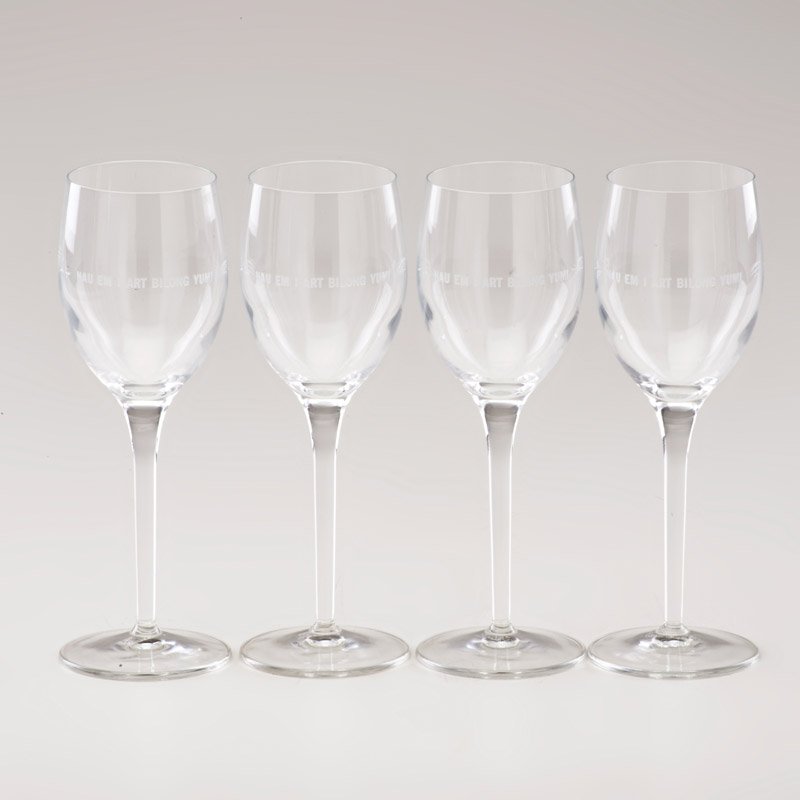 LAWRENCE WEINER (American, b. 1942): Set of four "Wine Glasses", 1997; Edition of 100, Inscription reads: "Nau em I art bilong yumi"; Published by The Renaissance Society at The University of Chicago; 8 1/2" x 3" (each)