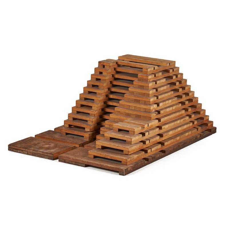 JACKIE FERRARA (American, b. 1929): Wood sculpture in three parts; "A176", 1977; Signed, titled, and dated; 19" x 33" x 46"